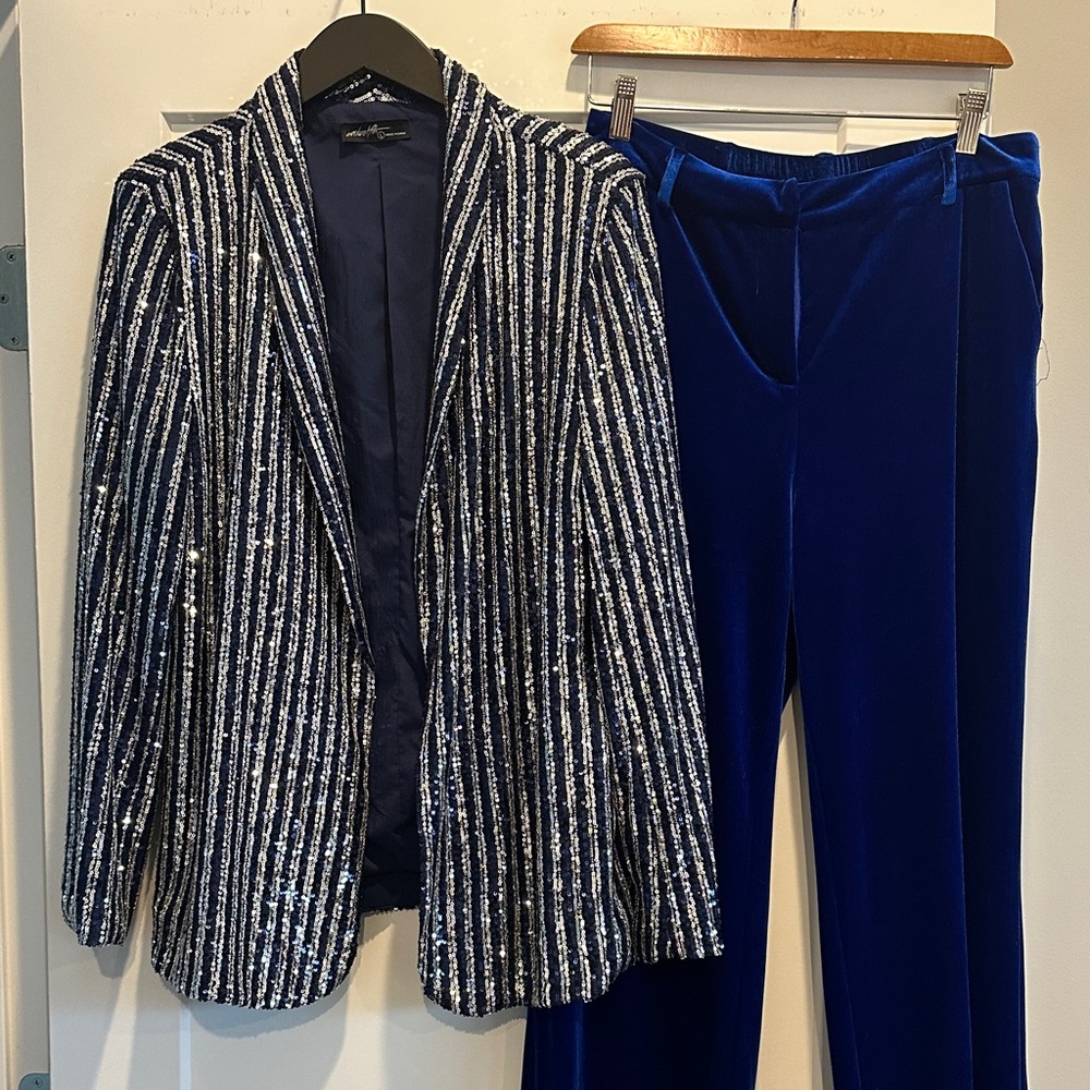 Vici Navy and Silver Sequin Striped Pantsuit
